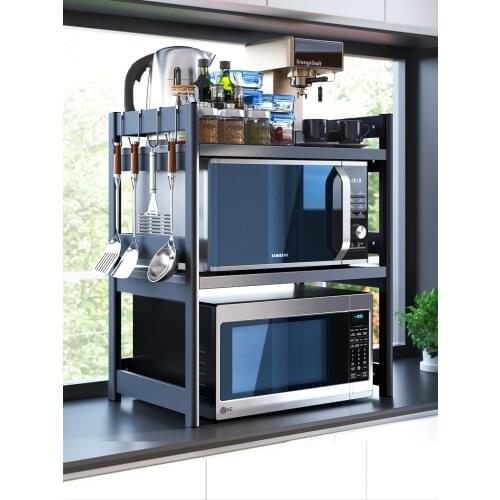 Thickened space aluminum tube kitchen microwave oven storage rack strong load-bearing retractable double layer floor storage rac