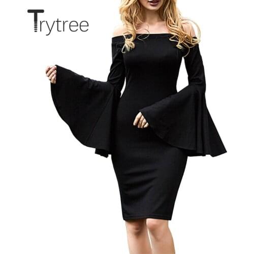 Trytree 2021 Spring Summer Womens Dress Casual Solid Sexy Slash Neck Butterfly Sleeve Office Lady Sheath Classic Black Dress