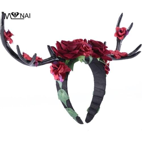 Vintage Deer Antler Horn Headband Gothic Rose Hairband Masquerade Party Costumes