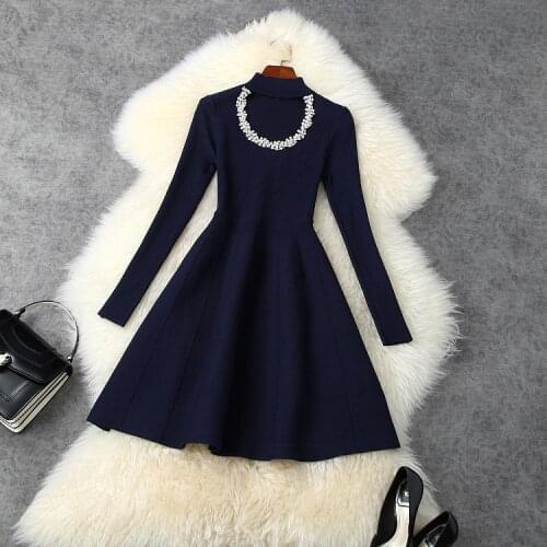 Womens European and American wear 2021 winter new style Long sleeve collar Nail bead Fashion knit dress