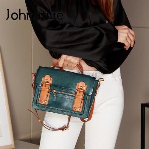 Johnature Fashion Women Bag 2021 New Genuine Leather Luxury Handbag Vintage First Layer Cowhide Female Shoulder Messenger Bags