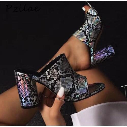 Pzilae Fashion summer slippers women peep toe snake print leather woman slippers round high heels sexy shoes woman size 35-41