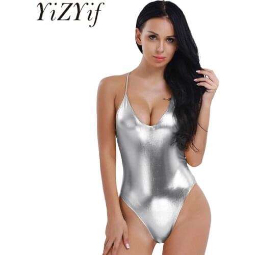 Women One Piece Thong Monokini Bodycon Dance Leotards ballet Adult Patent Leather Spaghetti Shoulder Straps Deep V Bodysuits