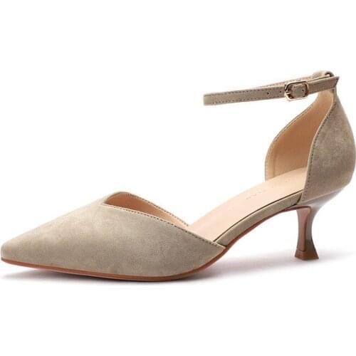 Sandalias Mujer 2020 Womens Ladies Pumps Fashion Buckle Strap Round Toe Flock 6CM Thin High Heels women shoes size 35-42 black