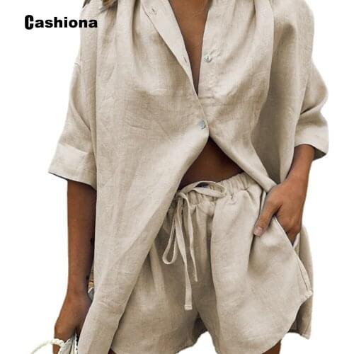 Cashiona 2021 Summer Casual Loose Two Piece Outfits long sleeve Blouse And Drawstring Shorts Set Apricot Women Tracksuit sets