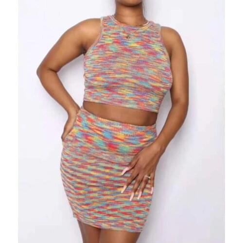 Wsevypo Women’s 2 Piece Knitted Sets Summer Office Lady Tie Dye Striped Suits Sleeveless Knit Crop Tank Tops+Mini Skirt Set