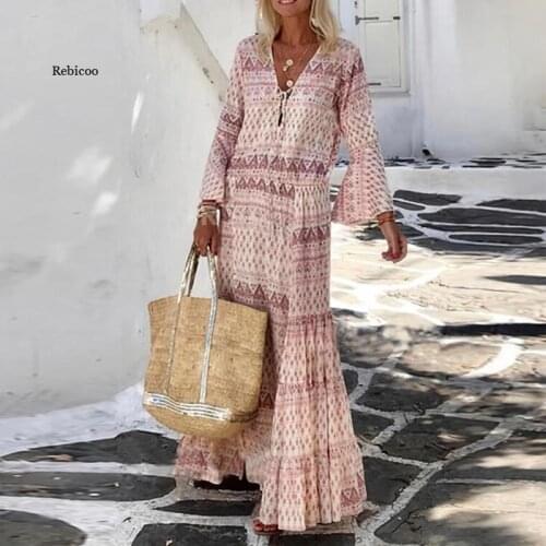 Women Spring Summer Elegant Long Dress Fashion Boho Geometric Print Party Dress Sexy Fashion V Neck Flare Sleeve Maxi Dress