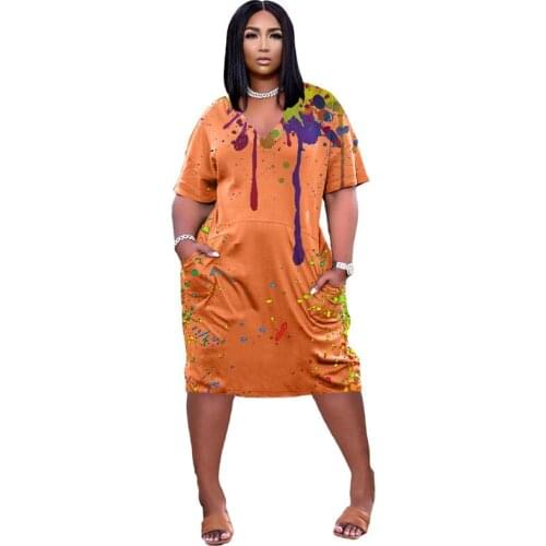 Summer New Womens Fashion Large Size Tie-Dye Printing Graffiti Short-Sleeved V-Neck Pocket Casual Straight Loose Dress