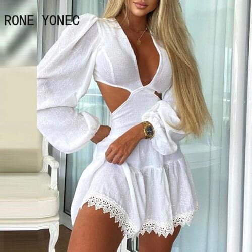 Women Elegant Dress Lace Trim Cutout Puff Sleeve Plunge Dress V Neck Casual Dress Vacation Dress 2021