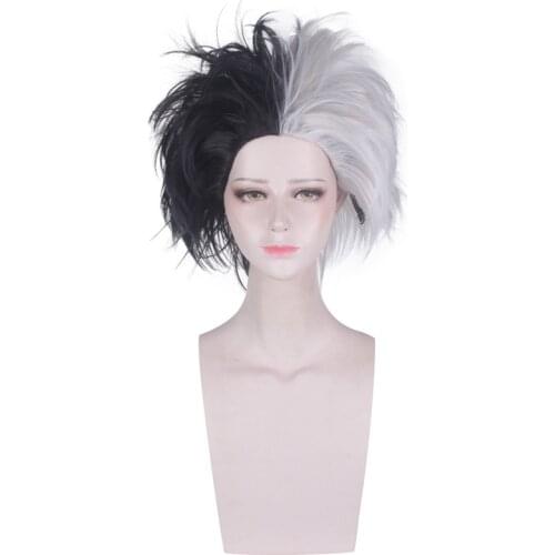 101 Dalmatians Cruella Devil Cosplay Costume Wig Half Black and White Fluffy Short Layered Synthetic Wigs Cruella De Vil