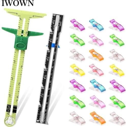 22Pcs/set 5-in-1 Sliding Gauge Measure Ruler Plastic Clips Fabric Quilting Rulers for Knitting Crafting Wonder Clips Sewing Tool