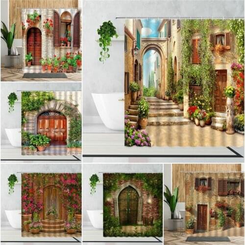 Flowers Town Scenery Shower Curtain Garden Wooden Door Pastoral Style Theme Home Decoration Background Waterproof Bath Curtains