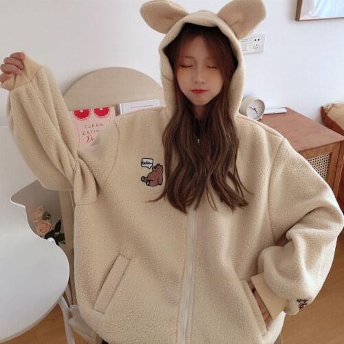 Nowsaa Women Hoodie Autumn Winter Korean Coat Sweet Hooded Bear Fall Japanese Loose Hoodies Fleece Pullover Warm Sweatshirt