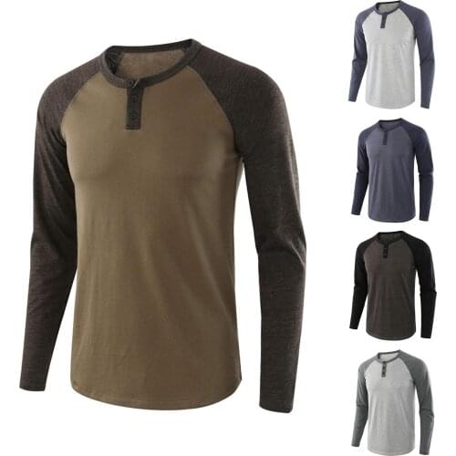 2020 Autumn Fashion Mens T-shirt Casual Men Autumn O Neck Long Raglan Sleeve Color Block T-shirt Buttons Pullover