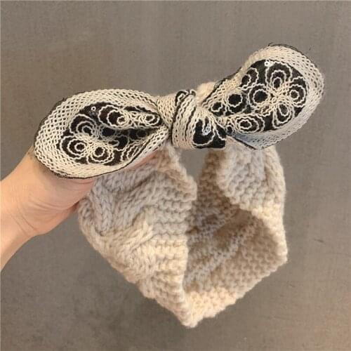 New Woolen Knitted Headband Elastic Hair Band Handmade Embroidered Big Bow Stretchable Head Wrap Bow Hair Accessories Wholesale