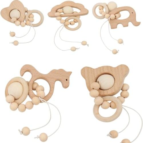 New Baby Organic Wood Silicone Animal Shaped Beads Rattle Toy Toddler Baby Nursing Bracelets Wooden Teether Crochet Chew Beads