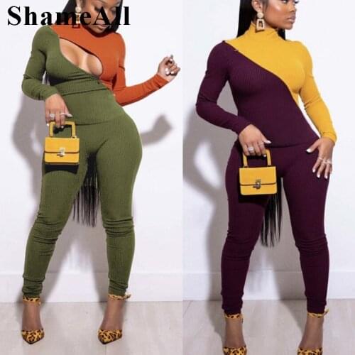 Sexy Hollow Out Knitted Sweater Pant Suits Fall Party Club Hit Color Turtleneck Tops Bodycon Sweatpant Tracksuits 2 Piece Sets