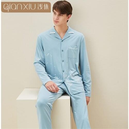 Men Pajamas Sets printing bamboo fiber Homewear male Lapel Long Sleeve Loungewear top & Pants Casual Sleepwear Mens Sets 2021