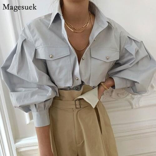New Spring Autumn Vintage Turn-down Collar Blouse Shirt Lantern Sleeve Top Blouses Pockets Streetwear Loose Female Shirt 12623