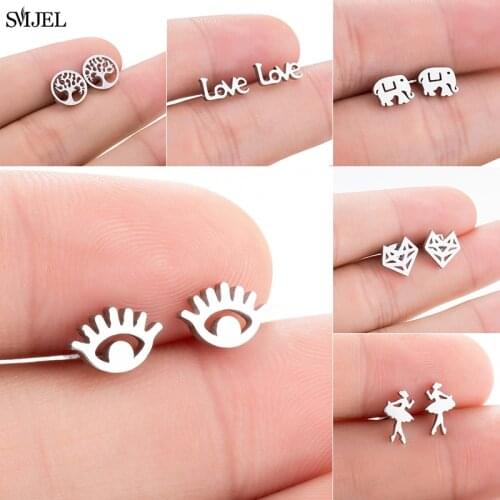 Stainless Steel Stud Earrings Women Tiny Ballet Earrings Personality Cute Fox Life Tree Love Letter Eye Earings Korean Jewelry