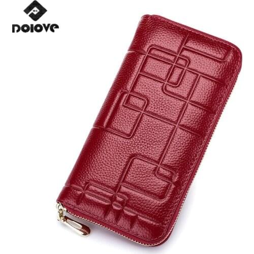 DOLOVE Fashion Women Real Leather Wallets Female Embossing Geometric Phone Purse Ladies Genuine Leather Cowhide Coin Wallet