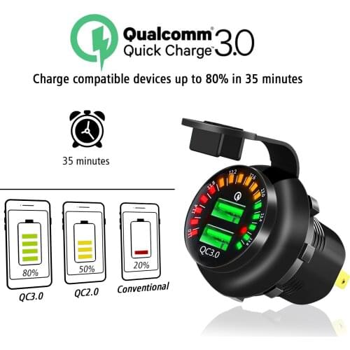 2020 New 12-24V QC3.0 Dual USB Car Phone Boat Motorcycle Fast Charger with Color screen Voltage Display Voltmeter