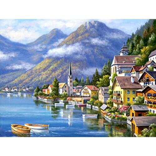 5D DIY Diamond Painting Full Square Scenery Rhinestones Pictures Diamond Embroidery Sale Landscape Diamond Riverside town