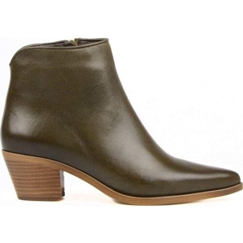 FootCourt- Khaki Ankle Boots Olive Green Boots Women With Zipper Genuine Leather Zip Up Autumn Winter Retro Shoes Pointed toe