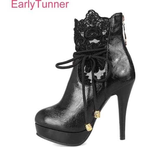 Brand New Winter Comfortable White Black Women Platform Ankle Boots Sexy Lace Lady Shoes High Heel EYB02 Plus Big Size 10 32 43