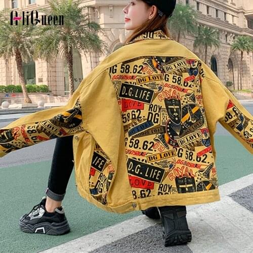 Spring Autumn Clothes White Denim Jacket Tops Women Lapel Raglan Sleeves Printing Pocket Jeans Loose Vintage Motorcycle Jacket