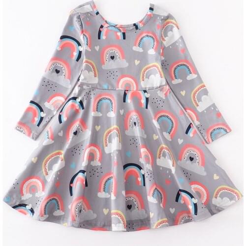 Girlymax Baby Girls Chlidren Kids Clothing Milk Silk Rainbow Twirl Dress Knee Length Long Sleeve