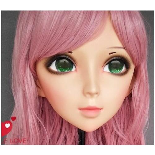 DM169) Lovely Sweet Girl Resin Half Head Kigurumi Mask With BJD Eyes Cosplay Japanese Anime Role Lolita Mask Crossdress Doll