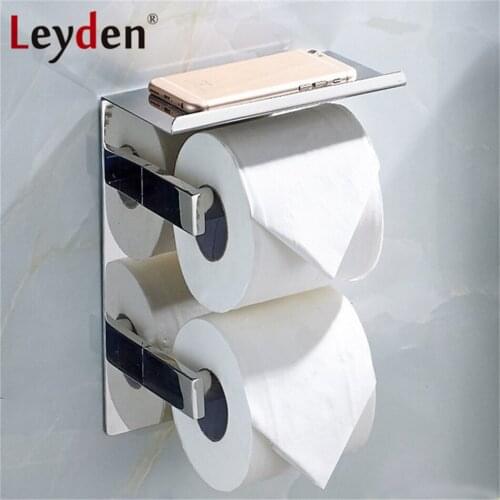 Leyden Double Toilet Paper Holder with Mobile Phone Storage Shelf Stainless Steel Polished Chrome Wall Mount Bathroom Accessory