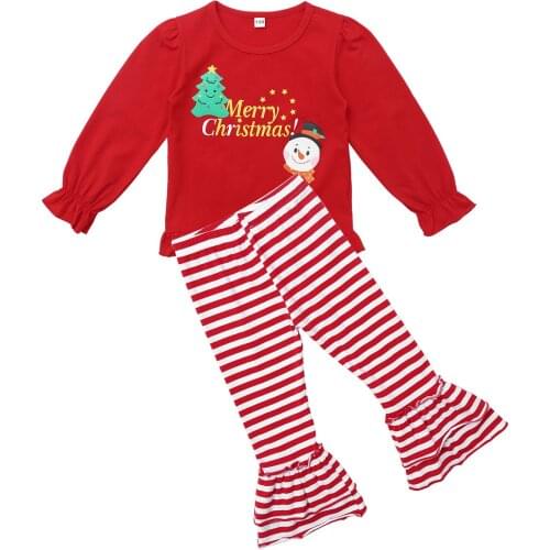 Toddler Baby Girl Clothing Set Long Sleeve Cute Print T-shirt Tops Striped Flared Pants Kids Girls Clothes Christmas Outfits
