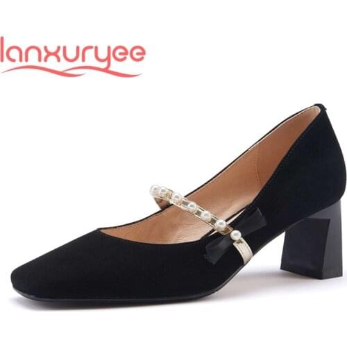 Lanxuryee sheep suede square toe high heels pearl decoration French romantic beauty ladies eveing party spring women pumps L27