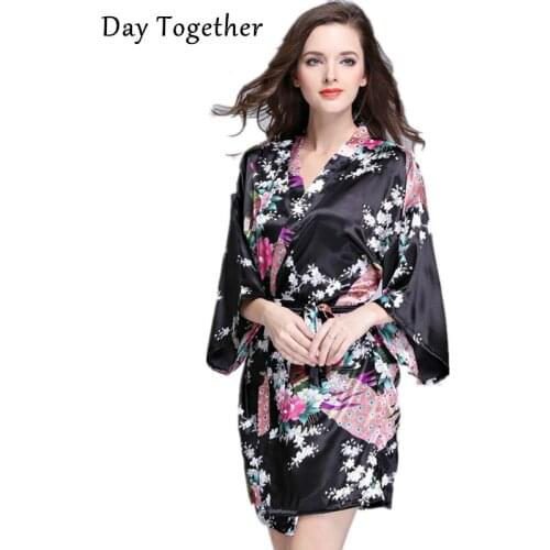 Summer Floral Peacock Printed Womens Robes Nightgown Satin Short-sleeved Blet Dressing Gowns Kimono Bathrobes