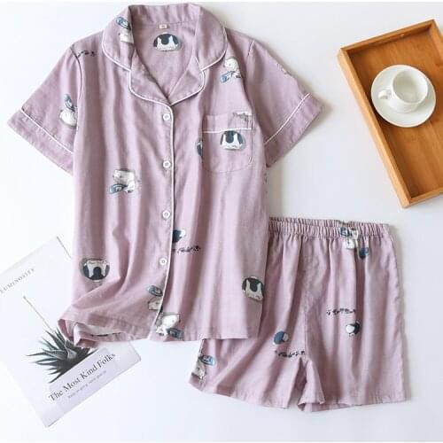 2021 Summer Pyjamas Women 100% Cotton Short Sleeves Ladies Pajama Sets Shorts Cute Cartoon Print Japanese Simple Homewear Pijama