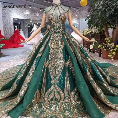 LS11093 luxury green evening dresses ladies high neck cap sleeves crystal party dress with golden lace dubai style real photos