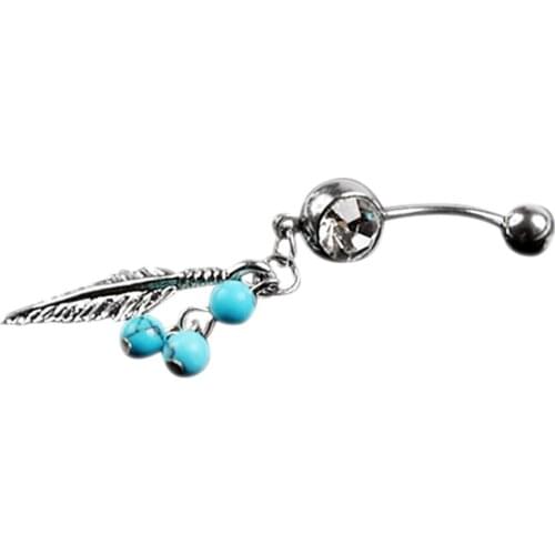 Lady Fashion Beads Feather Dangle Navel Belly Button Bar Barbell Ring Body Piercing hot