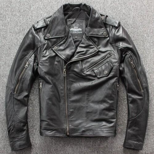 Mens Genuine Leather Jacket Mens Lapel Diagonal Zipper Top Layer Cowhide Motorcycle Suit Slim Leather Jacket