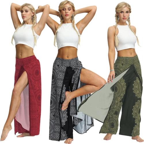 Soft Ethnic Printed Wide Leg Pants Sexy High Split Womens Baggy Pants Casual Sport Pants Women Trouser Straight Leg Dance Pants