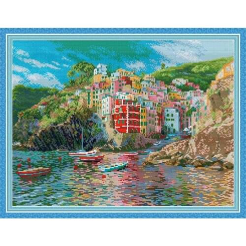 The Seaside Town Cross Stitch Embroidery Kit DMC 11CT 14CT Account Canvas Print Cross Stitch DIY Gift & Home &Wedding Decoration