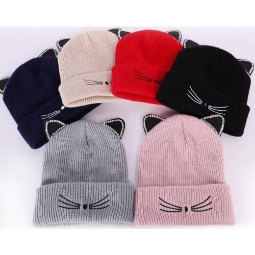 New Womens Hats Cute Embroidery Cat Ears Autumn and Winter Warmth Cuffed Knitted Beanie Hat Drop Shipping