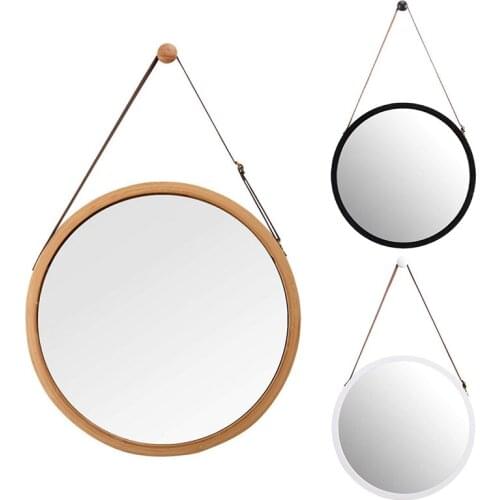 NEW-Hanging Round Wall Mirror in Bathroom & Bedroom - Solid Bamboo Frame & Adjustable Leather Strap (Bamboo, 15 Inch)