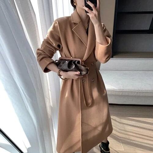New Woolen Coat Large Size 2XL Waist Mid-length Thick And Warm In Autumn And Winter Female All-match Simple Trendy Woolen Coat
