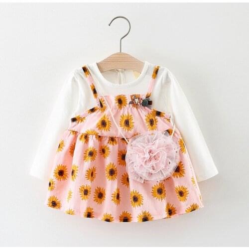 2019 autumn Baby girls Dress Kids girls fashion fake 2 pieces patchwork floral print Dress with mesh Bag 1-2 Years