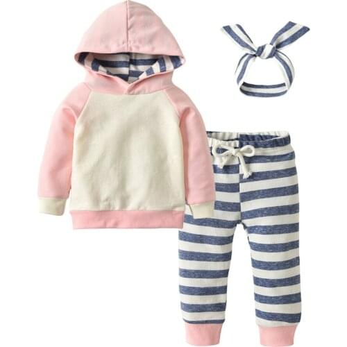 Autumn Baby Girls Clothes Infant Long Sleeve Pink Patchwork Hoodie Tops Sweatsuit Pants Headband Toddler Clothing Outfits Set