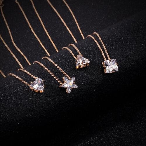 Gold Color Chain Necklace Clear Zircon Choker Women Round Heart Triangle Square Star Pendant Necklaces