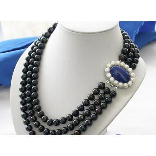 Natural pearl jewelry Long 3row 7-8mm black ROUND FRESHWATER CULTURED PEARL NECKLACE LAPIS 17-18 inch Bridal hook