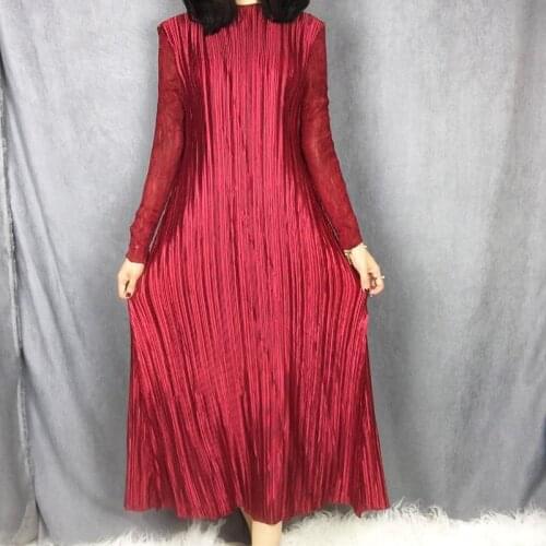 HOT SELLING Miyake fold round collar improved qipao dress with long sleeve Metallic simple sense dress IN STOCK